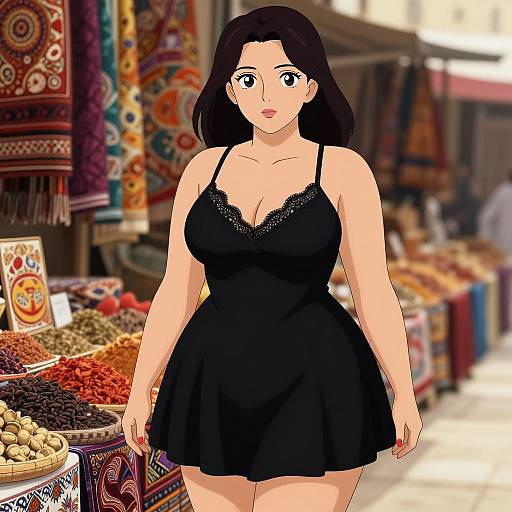 Digital anime-style drawing of a curvy woman with fair skin, black hair, and large breasts, wearing a black lace-trimmed dress, standing