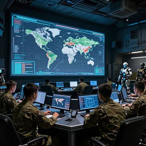 Photograph of military personnel in camo uniforms working at computer desks in a dimly lit room with a large, illuminated world map on the wall.