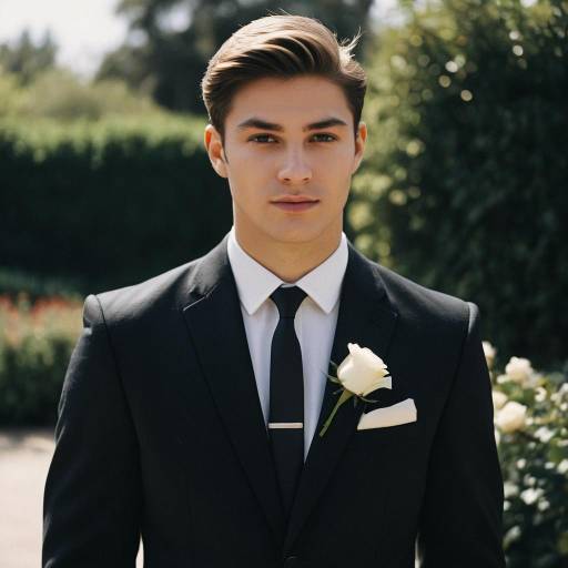 Young Man in Black Suit with White Rose Boutonniere