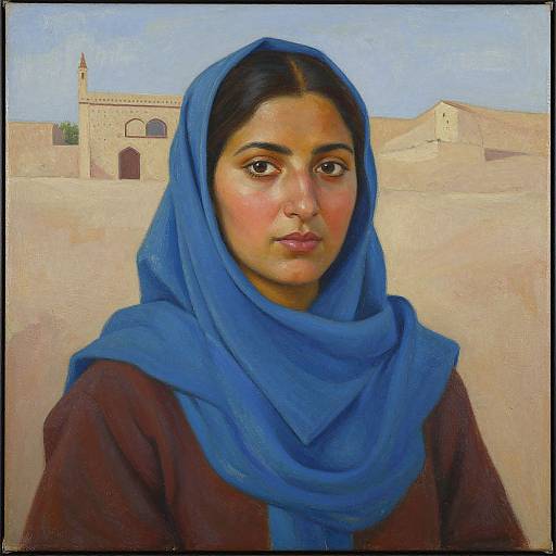Realistic painting of a South Asian woman with medium brown skin, dark hair, and brown eyes, wearing a vibrant blue headscarf and brown dress