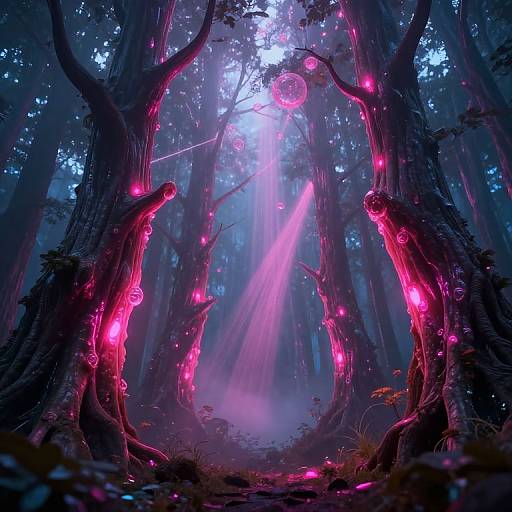 Digital fantasy artwork of a mystical forest with glowing pink bioluminescent trees, ethereal pink lights, and sunlight filtering through dense foliage.