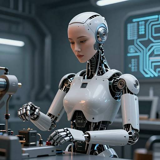 CGI image of a sleek, white and black female humanoid robot with a serene expression, working at a futuristic machine in a high-tech lab with blue
