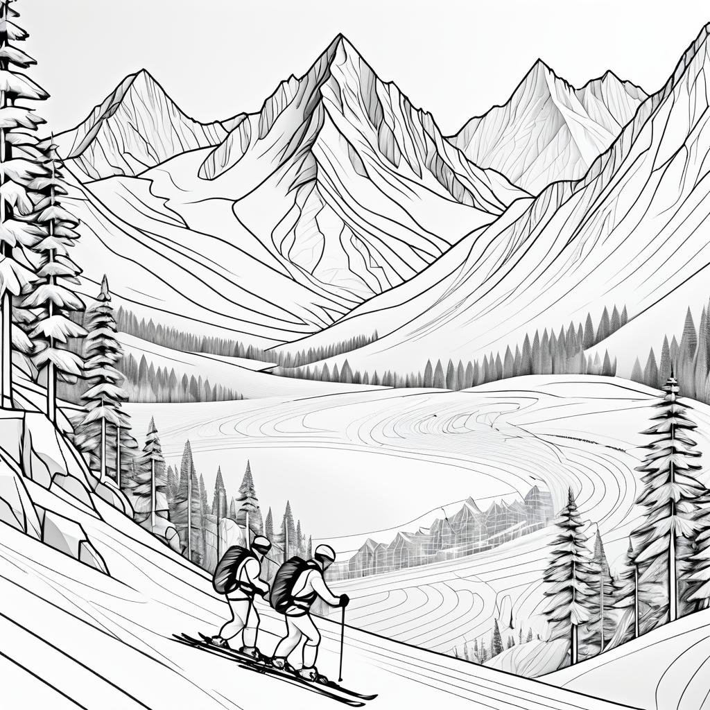 Snowy Mountain Skiing Line Art Scene