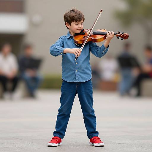 Photograph of a young boy with short brown hair, playing violin in a blue shirt, jeans, and red sneakers, standing outdoors with blurred background and