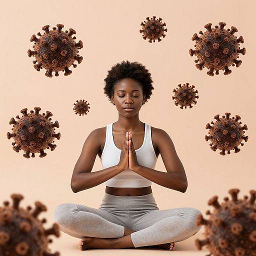 Photograph of a black woman with short afro, wearing white sports bra and gray pants, meditating in lotus position, surrounded by brown virus