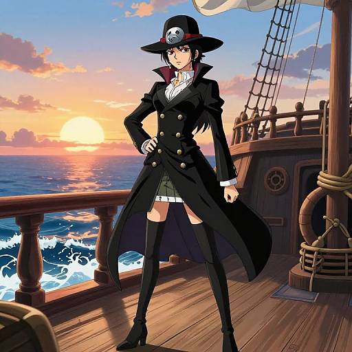 Anime-style drawing of a confident pirate woman with black coat, hat, thigh-high boots, standing on a ship at sunset.