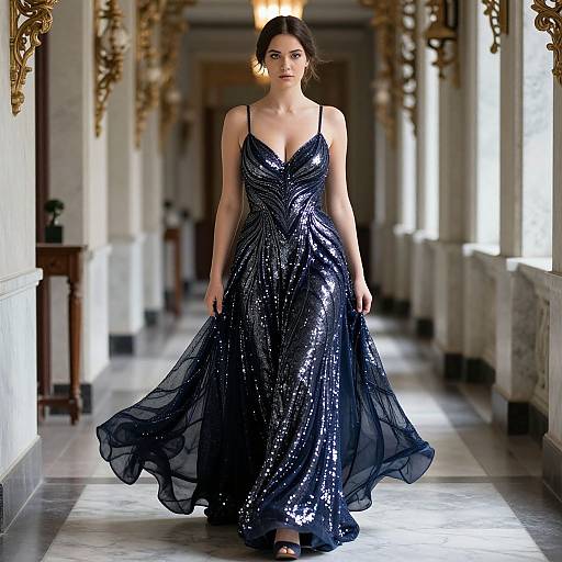 Photograph of a brunette woman in a shimmering, black, spaghetti-strap evening gown, walking down a grand, ornate hallway with gold accents