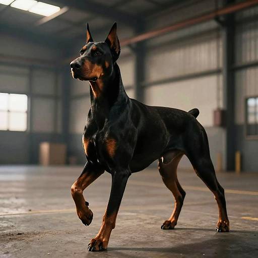 Photograph of a muscular, black and tan Doberman Pinscher with pointed ears, walking confidently in a dimly lit industrial warehouse.