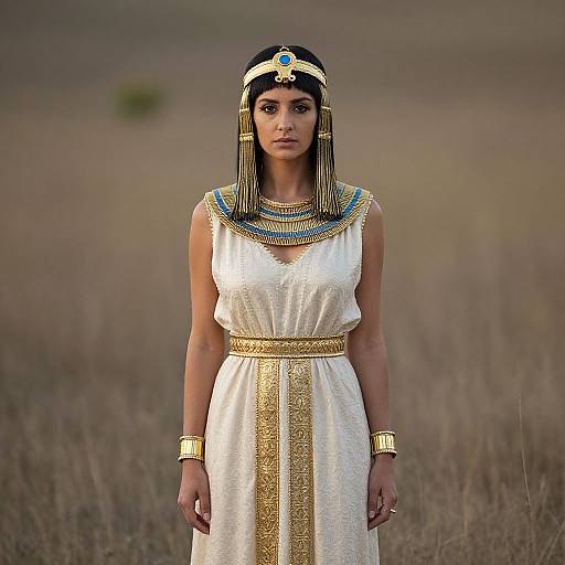 Photograph of a woman with dark hair, wearing an Egyptian-style white dress, gold jewelry, and blue and gold headdress, standing in a grass