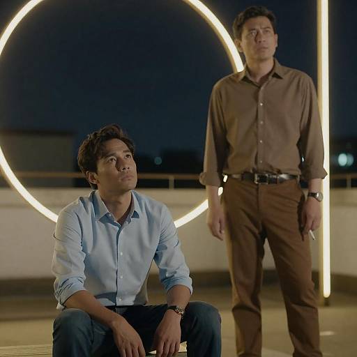 Rooftop Encounter with Neon Lights