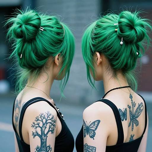 Photograph of two women with green hair in buns, black tank tops, showcasing intricate back tattoos of trees and butterflies, standing side-by-side,