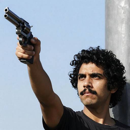 Intense Man with Revolver Under Blue Sky