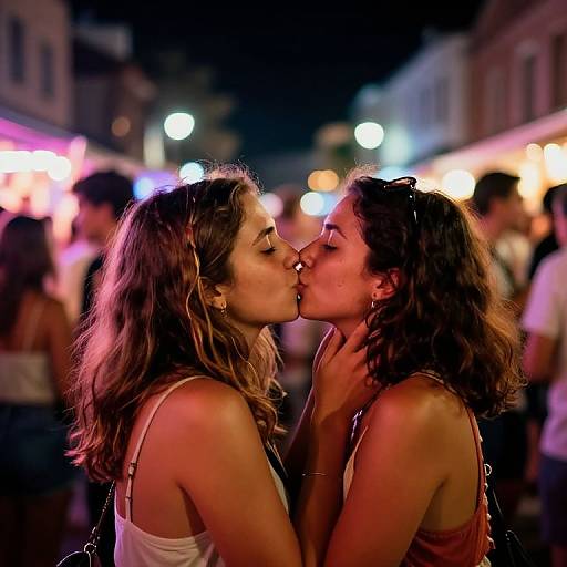 Photograph of two women, with wavy brown hair, kissing passionately at a night market. Blurred lights and people in background. Both wear sleeve
