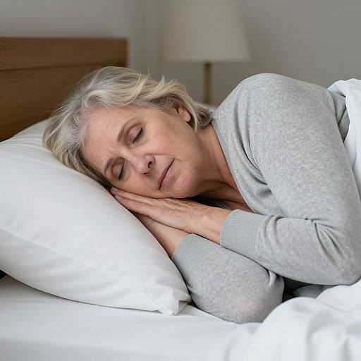 Photograph of an elderly woman with gray hair, closed eyes, and a serene expression, sleeping on a white pillow in a bright bedroom. She wears