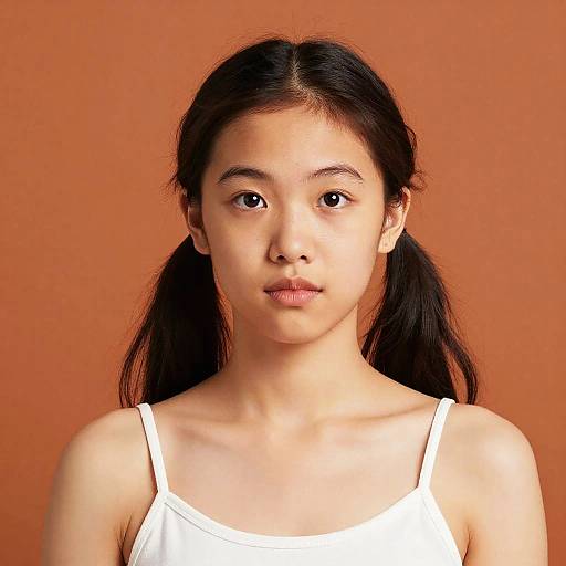 Photograph of an Asian teenage girl with long black pigtails, wearing a white tank top, against a solid orange background.