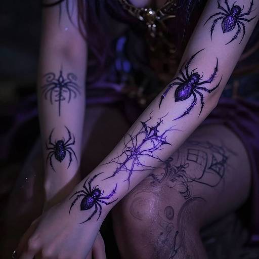 Photograph of a person's arms and thigh, adorned with intricate black spider and web tattoos, illuminated by blue light.