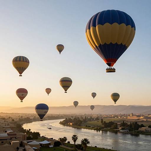 Photograph of a sunrise over a river, featuring multiple colorful hot air balloons, including a large blue and yellow one, floating above a scenic town.