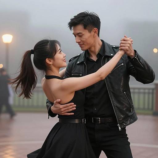 Romantic Dance in Foggy Outdoor Scene
