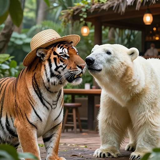 Photograph of a tiger wearing a straw hat, standing nose-to-nose with a polar bear, in a lush, tropical outdoor setting with a wooden