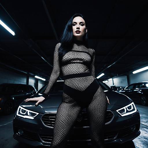 Androgynous Model in Sheer Fishnet Dress in Dim Garage