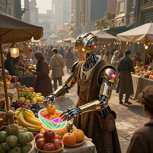Photorealistic CGI: A metallic, glowing-eyed robot vendor in a medieval market, selling colorful, neon-lit fruit, surrounded by bustling, vintage