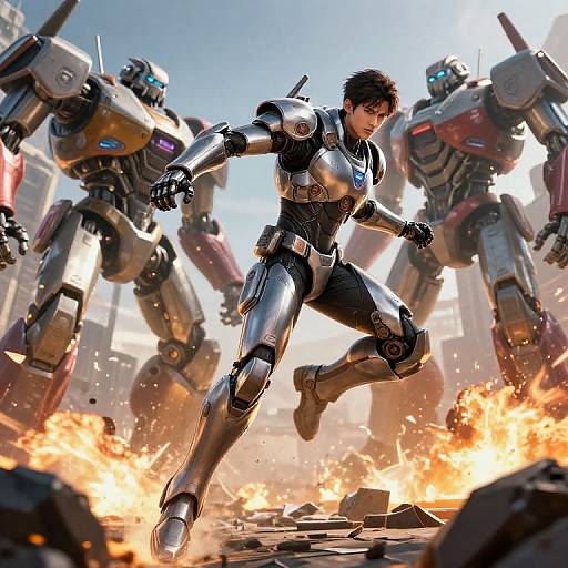 Photorealistic CGI: Iron Man in silver armor, leaping amidst fiery rubble, surrounded by three towering, battle-worn robots under a bright sky