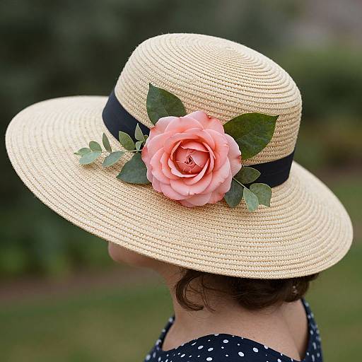 Photograph of a woman wearing a wide-brimmed, straw hat adorned with a pink rose and green leaves, against a blurred garden background.