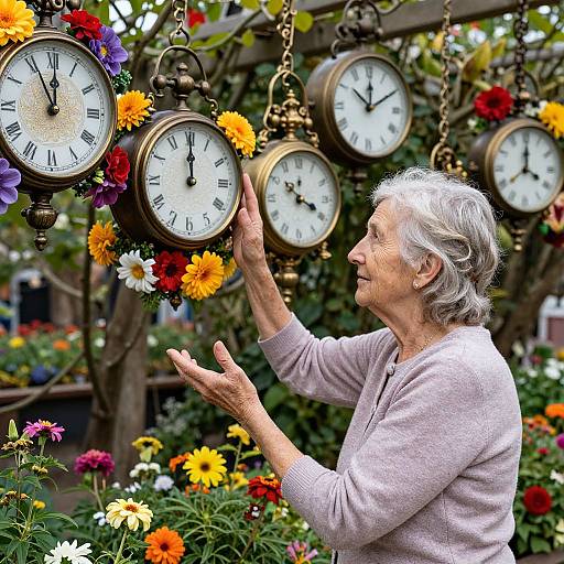 Elderly woman with gray hair, wearing a light pink sweater, touches vintage clock with flower wreaths in a colorful garden. Photographic image.