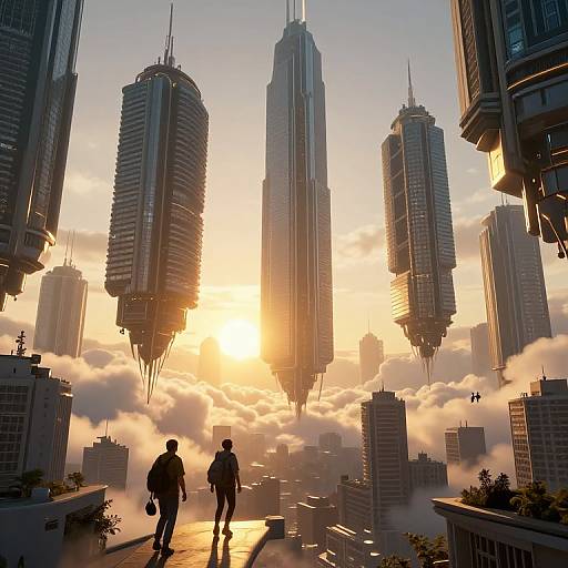 Cyberpunk Floating Skyscrapers at Dawn