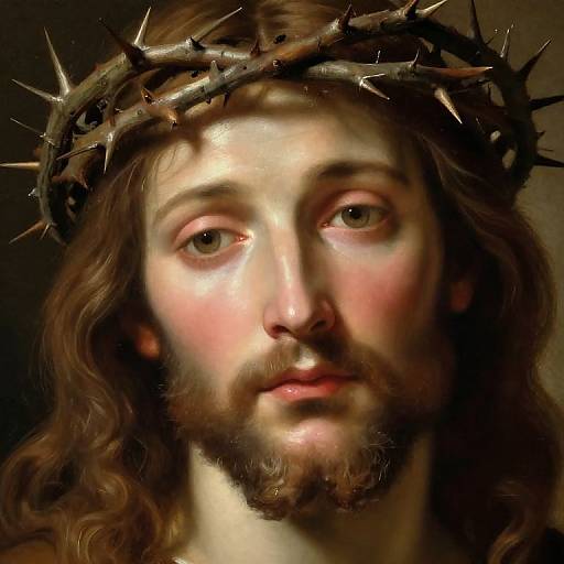 Digital painting of Jesus Christ with a crown of thorns, brown wavy hair, beard, and solemn expression, against a dark background.