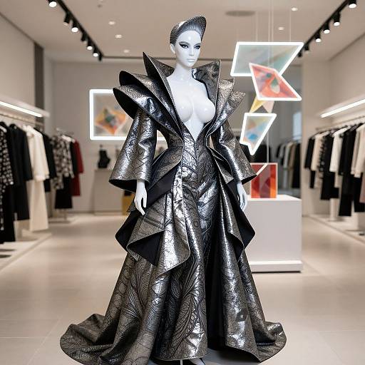 Photograph of a white mannequin in a black, metallic, high-collared, deep V-neck gown with exaggerated shoulders in a modern,