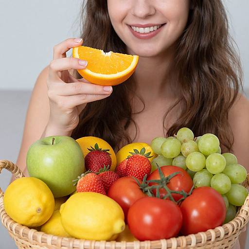 Photograph of a smiling woman with long brown hair, holding an orange slice above a wicker basket filled with colorful fruits (lemons, apples,