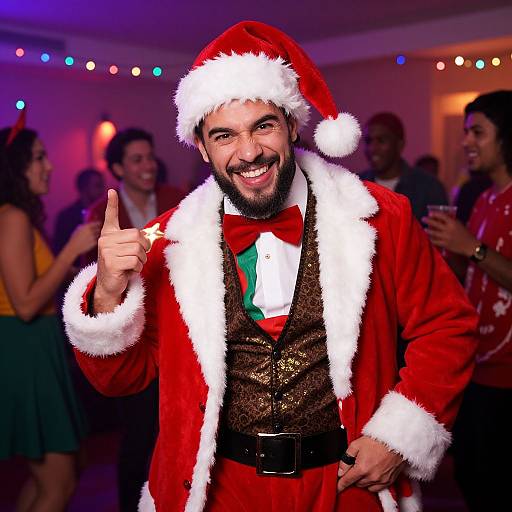 Photograph of a bearded man in a festive Santa costume, giving a thumbs-up, smiling, surrounded by partygoers with colorful string lights in