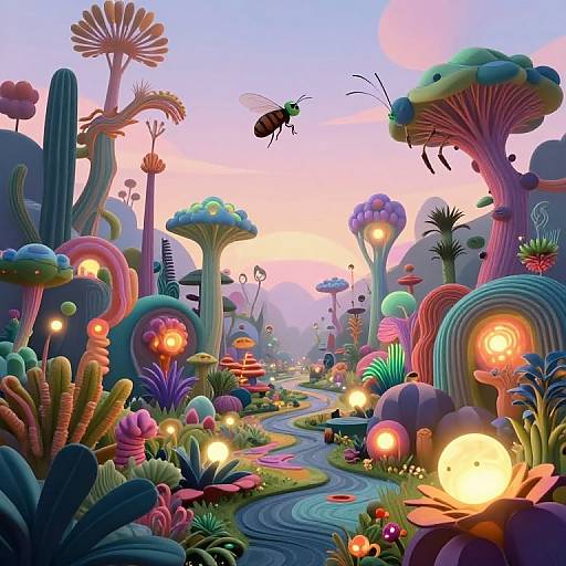Vibrant, surreal digital artwork of a colorful, whimsical alien landscape with glowing mushrooms, floating insects, and a winding path at sunset.