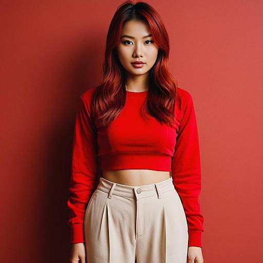 Young Asian Woman in Red Crop Top
