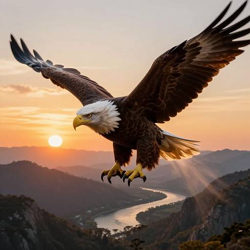 Photograph of a majestic bald eagle with outstretched wings soaring over a picturesque valley at sunset, with a glowing sun and reflective river below.