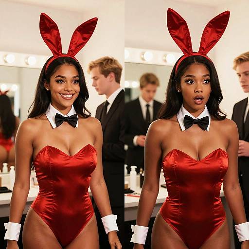 Dark-Skinned Woman in Red Bunny Costume