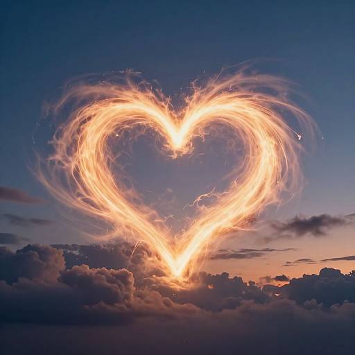 Photograph of a heart-shaped fire trail glowing brightly against a twilight sky with dark clouds, creating a romantic, ethereal effect.
