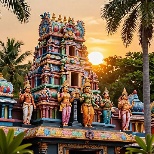 Photograph of colorful Hindu temple tower with detailed statues of deities, vibrant orange sunset, palm trees, and lush greenery in background.