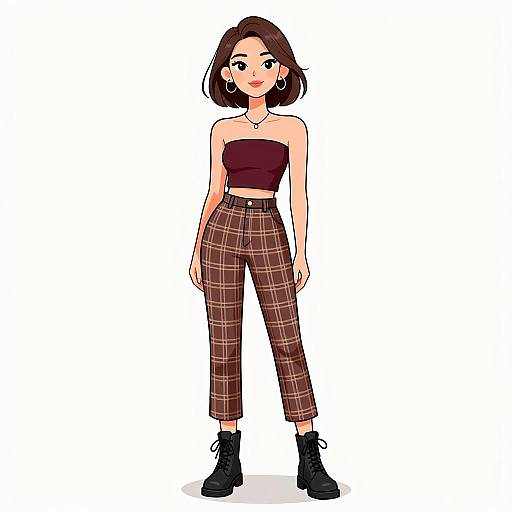 Digital illustration of a young woman with short brown hair, wearing a strapless burgundy top, high-waisted plaid pants, and black ankle