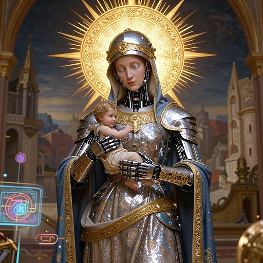 Digital artwork of a silver-armored Madonna with a glowing halo, holding a baby, set in a detailed cathedral background.