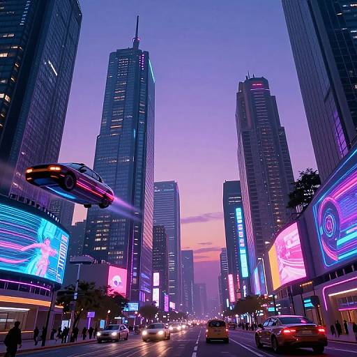 Neon-lit urban street at dusk, featuring towering skyscrapers, colorful digital billboards, and a flying car, with cars and pedestrians below