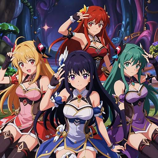 Anime-style digital illustration of four female characters with vibrant hair and detailed fantasy outfits, posing in a colorful, mystical forest background.