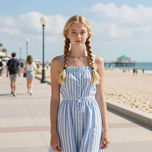 Photograph of a blonde woman with braided hair in a blue-striped sundress standing on a sunny beachboardwalk, with people and sand in the