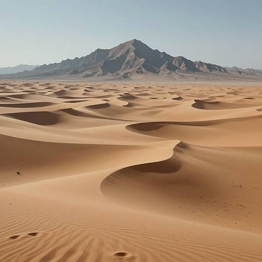 Photograph of a vast desert landscape with golden sand dunes flowing towards a rugged, mountainous horizon under a clear blue sky.