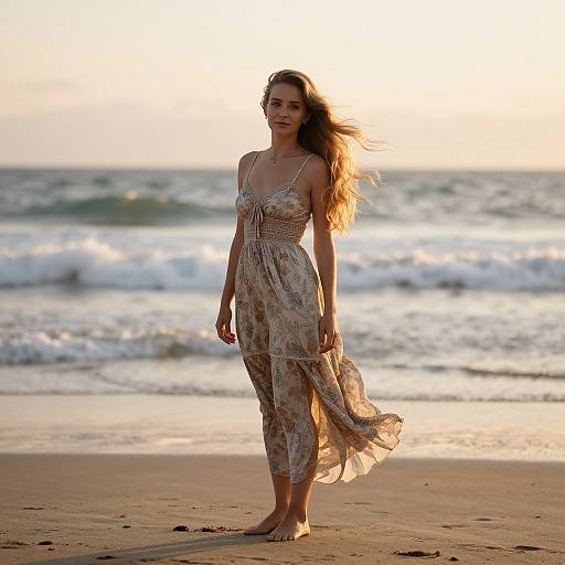 Photograph of a slender woman with long, wavy brown hair standing barefoot on a sunlit beach, wearing a flowing, patterned sundress