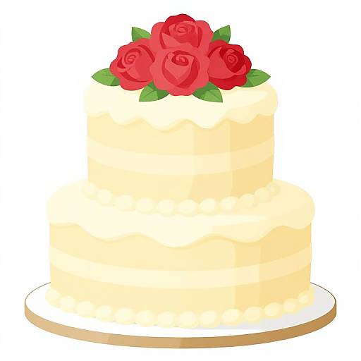 Digital illustration of a two-tiered, cream-colored wedding cake topped with a cluster of vibrant red roses and green leaves.