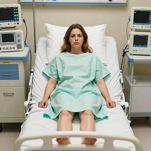 Photograph of a young woman with light brown hair, wearing a light green hospital gown, lying in a hospital bed with medical monitors on both sides.