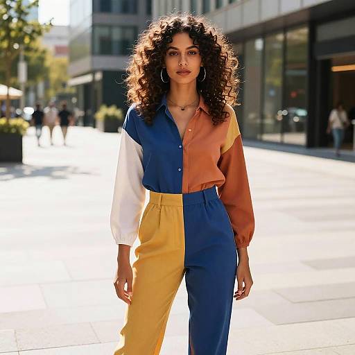 Confident Woman in Color-Blocked Jumpsuit with Kinky Curls