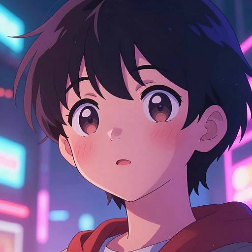 Anime-style digital drawing of a young boy with short black hair, large brown eyes, and a blushing face in a neon-lit city at night